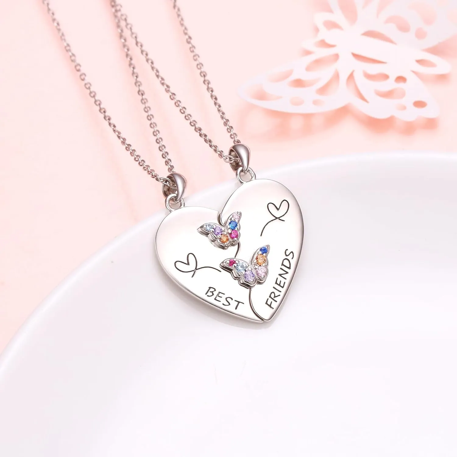 S925 Sterling Silver Best Friends Necklaces Matching Heart Friendship Necklaces for 2 BFF Gifts Jewelry Set
