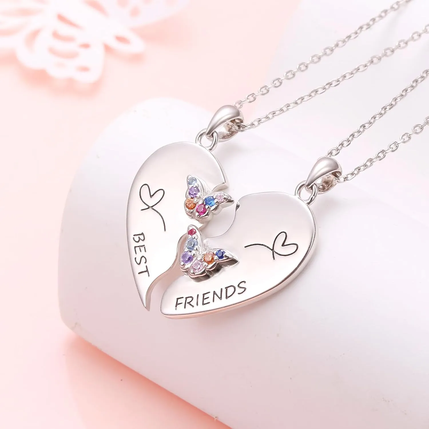 S925 Sterling Silver Best Friends Necklaces Matching Heart Friendship Necklaces for 2 BFF Gifts Jewelry Set