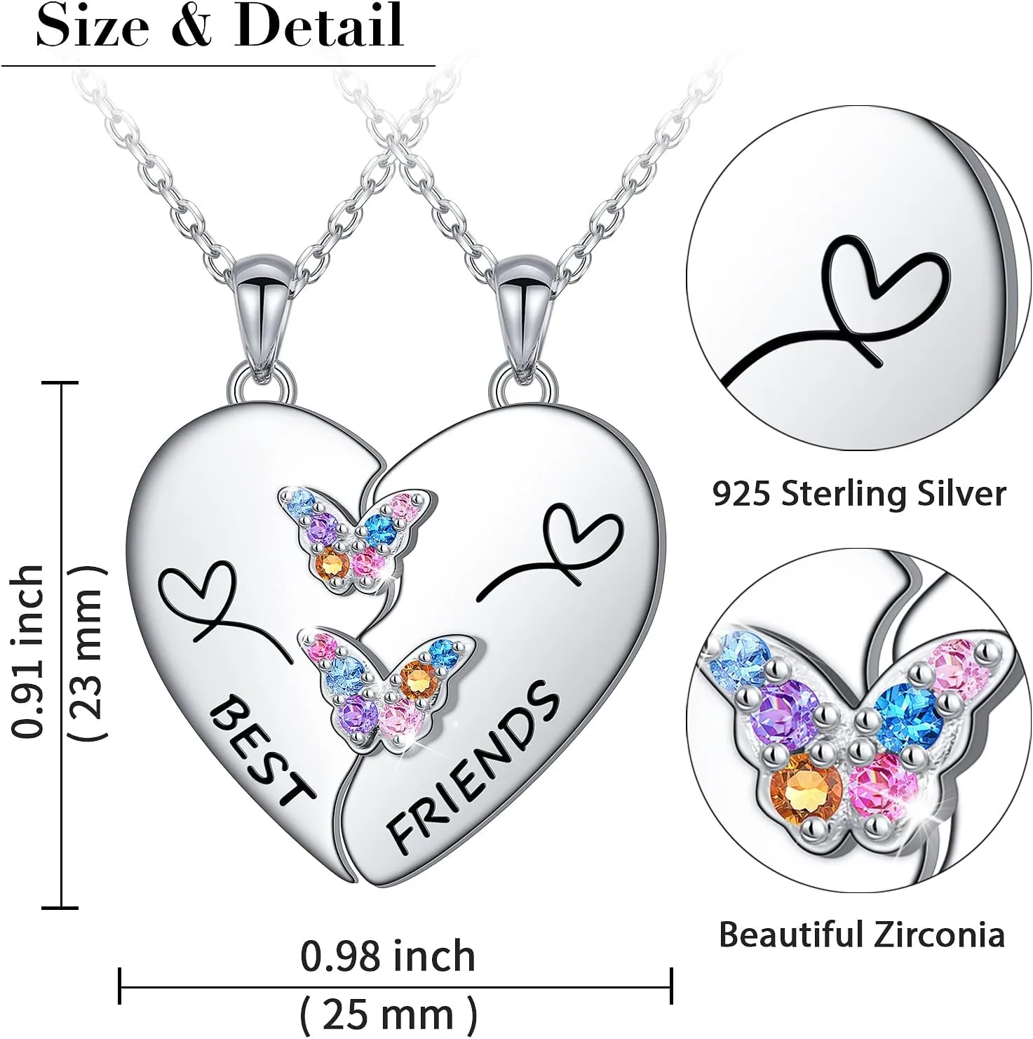 S925 Sterling Silver Best Friends Necklaces Matching Heart Friendship Necklaces for 2 BFF Gifts Jewelry Set