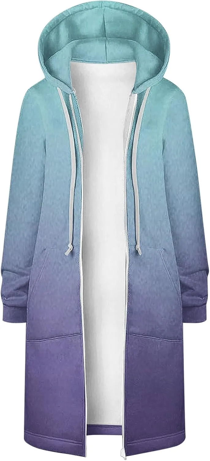 Scrub Jackets for Woman Gradient Drawstring Hooded Sweatshirt Long Sleeve Zipper Cardigan Jacket Winter Coat Pockets