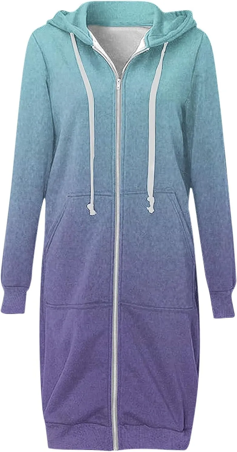 Scrub Jackets for Woman Gradient Drawstring Hooded Sweatshirt Long Sleeve Zipper Cardigan Jacket Winter Coat Pockets