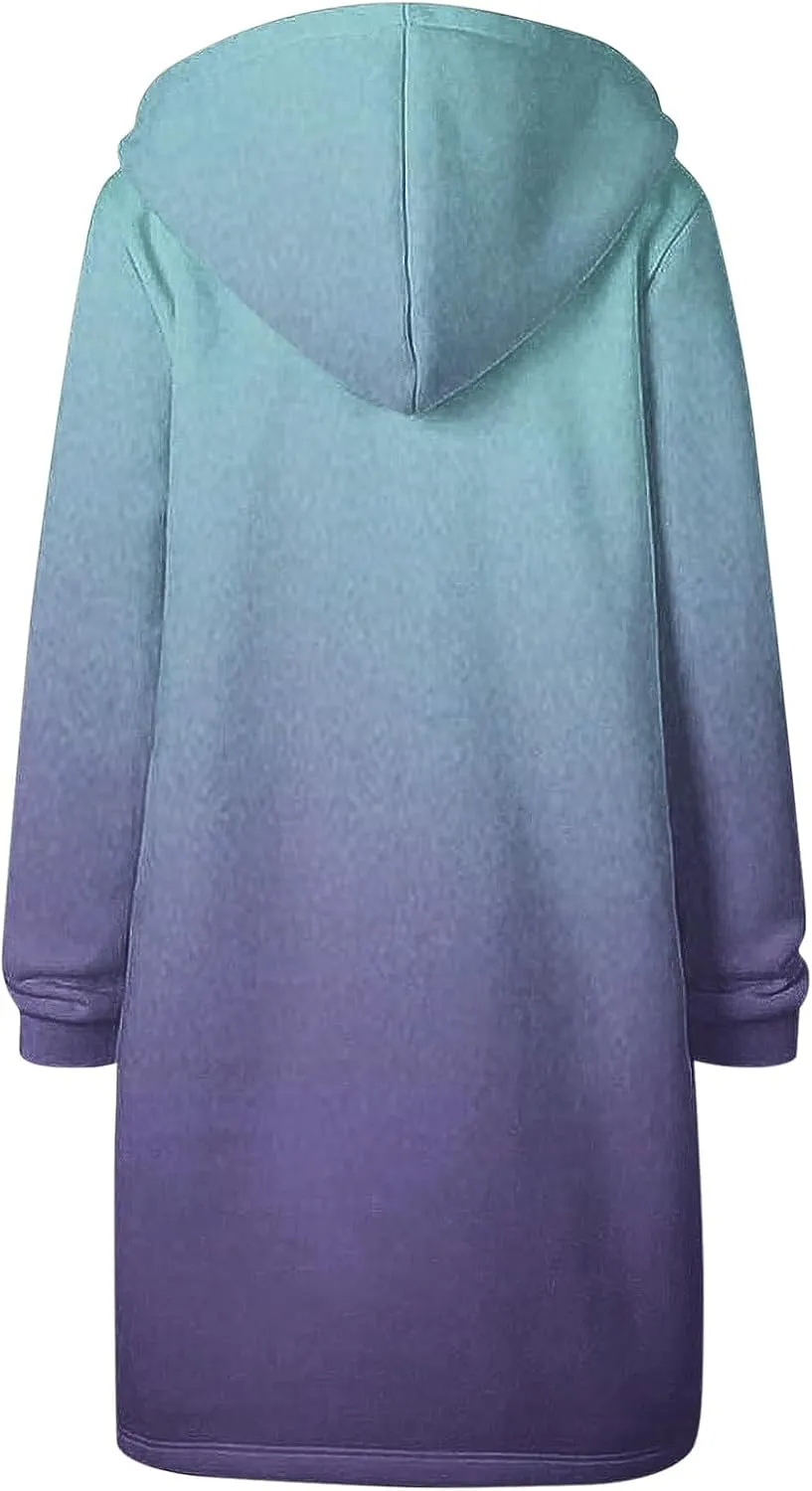 Scrub Jackets for Woman Gradient Drawstring Hooded Sweatshirt Long Sleeve Zipper Cardigan Jacket Winter Coat Pockets
