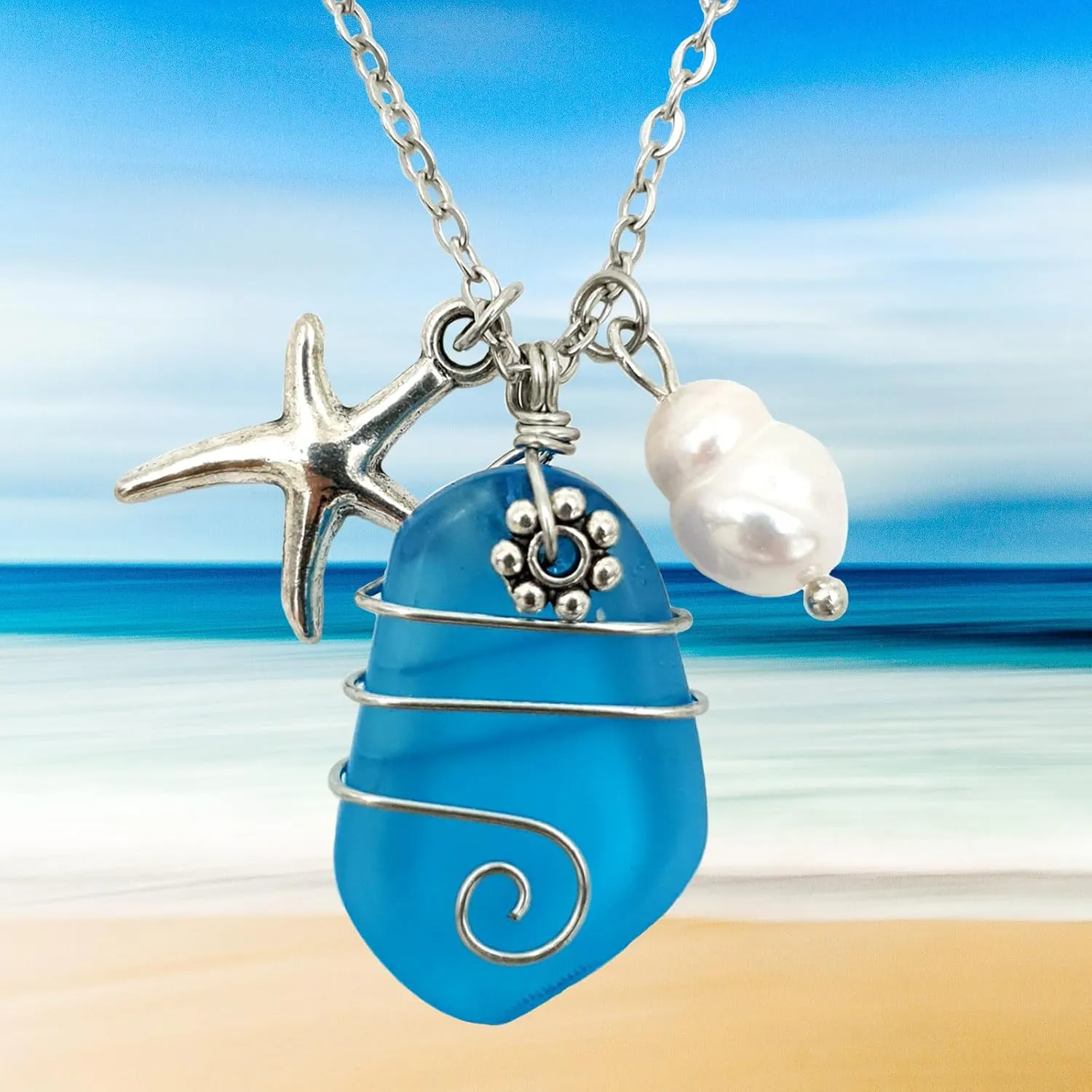 Sea Glass Pendant Wier Warpped Beach Pendant With freshwater Pearls, Handmade Necklace Gift (Light Blue)
