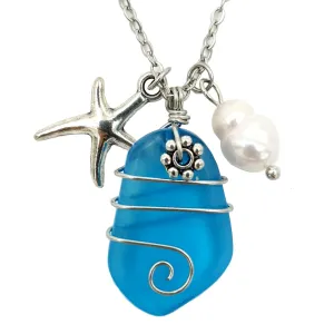 Sea Glass Pendant Wier Warpped Beach Pendant With freshwater Pearls, Handmade Necklace Gift (Light Blue)