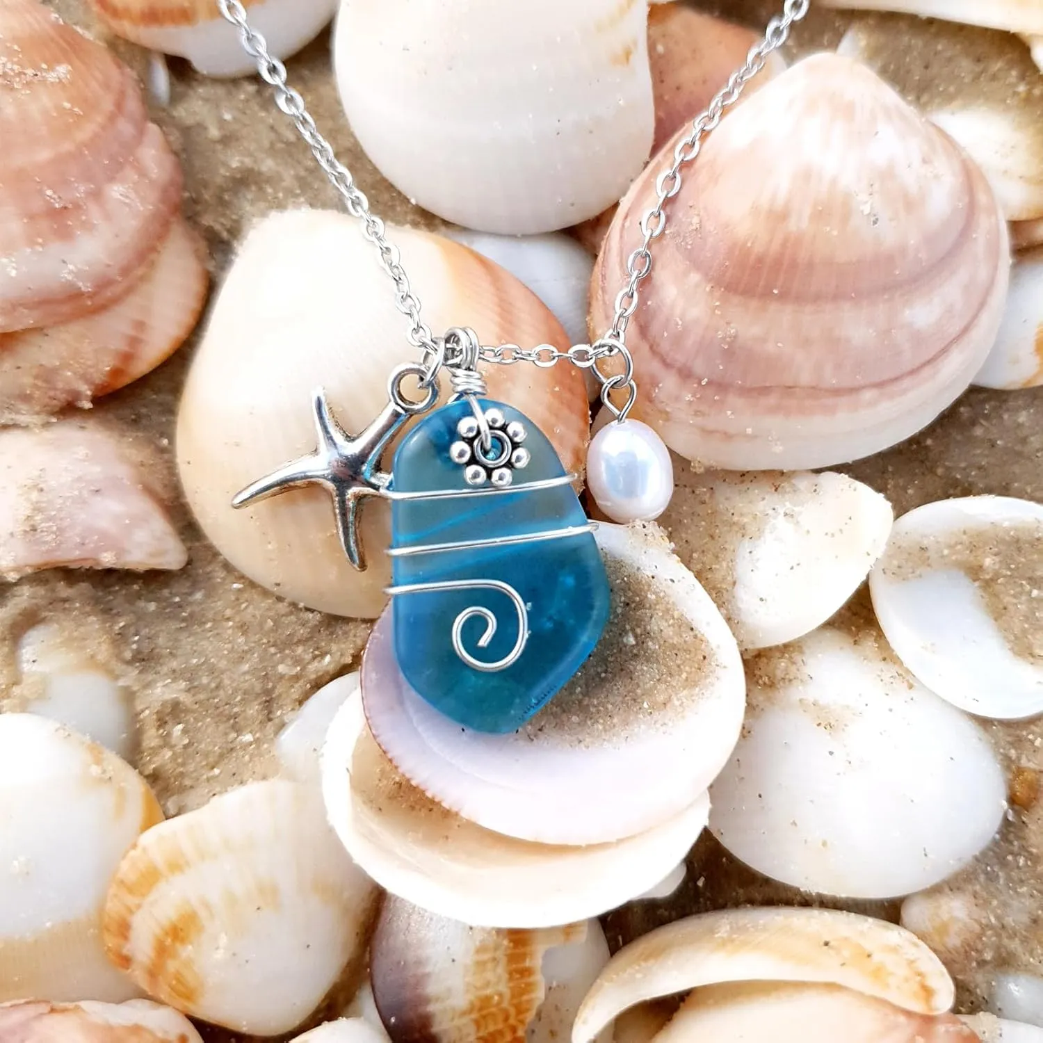 Sea Glass Pendant Wier Warpped Beach Pendant With freshwater Pearls, Handmade Necklace Gift (Light Blue)