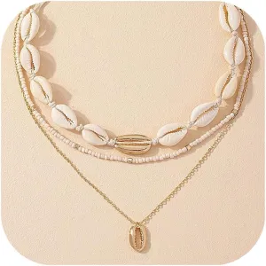 Seashell Necklace Gold Shell Necklaces for Women Layered Boho Beaded Puka Shell Necklace Summer Outfits for Women Beach Vacation Essentials Beachy Jewelry Gifts