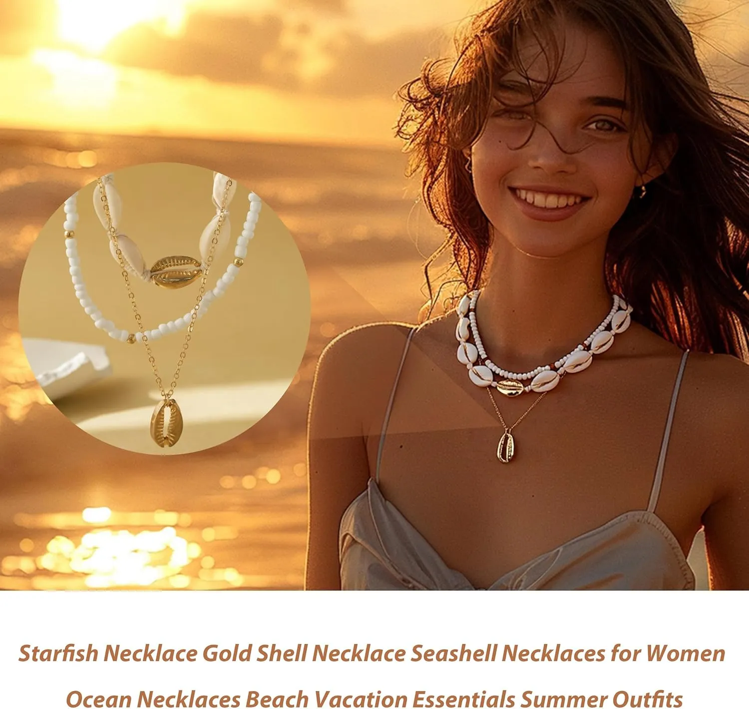 Seashell Necklace Gold Shell Necklaces for Women Layered Boho Beaded Puka Shell Necklace Summer Outfits for Women Beach Vacation Essentials Beachy Jewelry Gifts