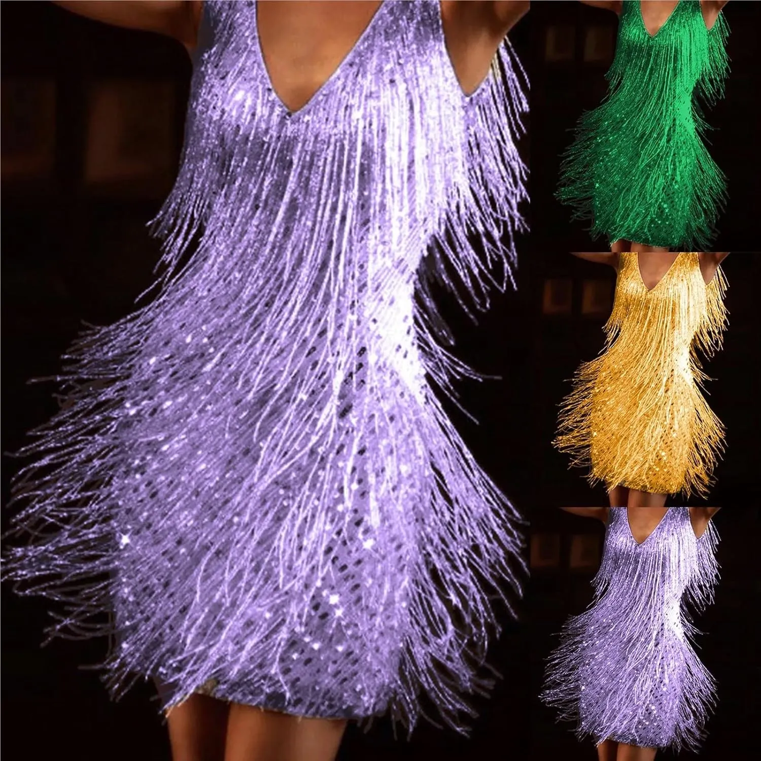 Sequin Fringe Dress Women's Skirt Dress Deep V Neck Sleeveless Pencil Skirt Fringed Midi Casual Clothing Solid Elegant