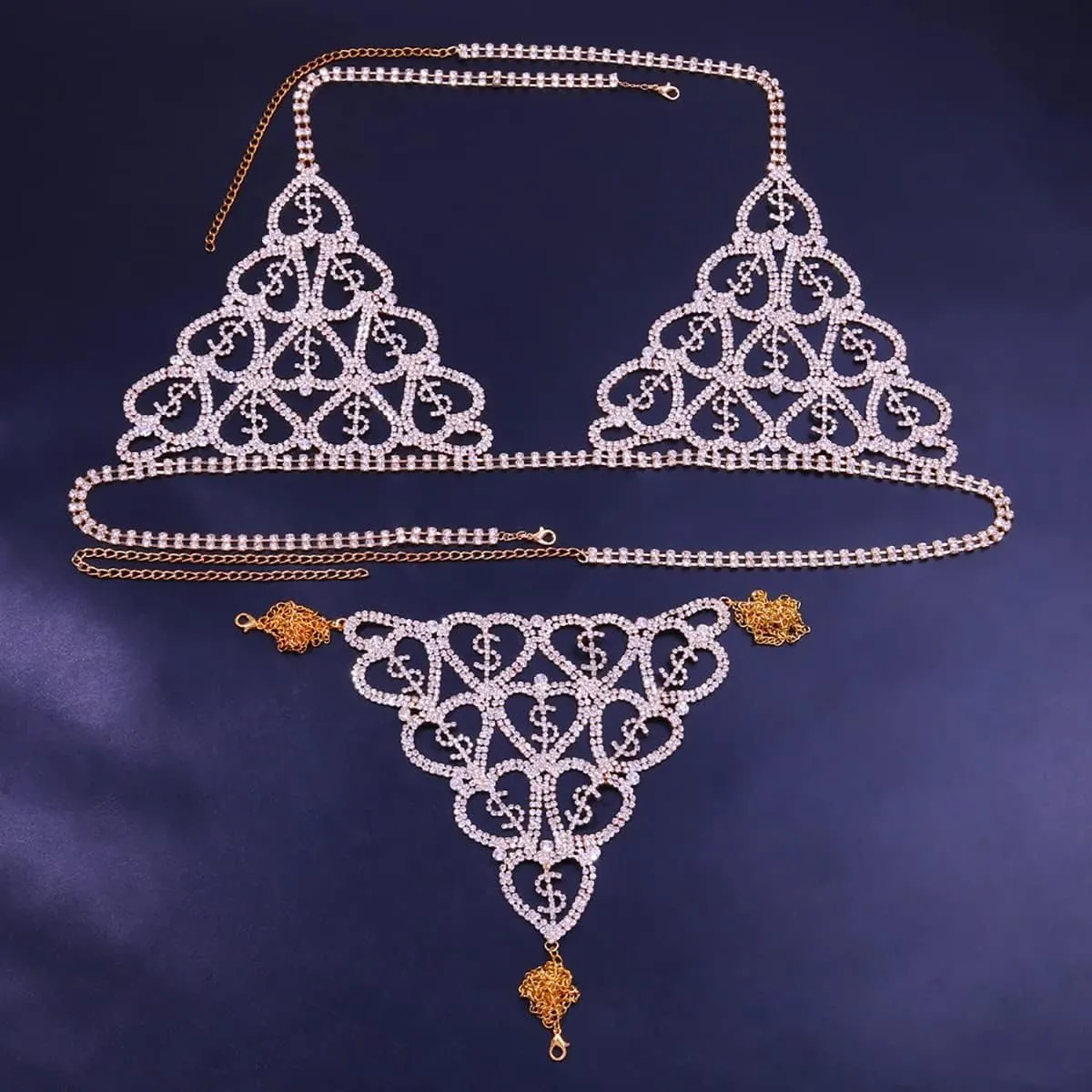 Sexy Body Chains Rhinestone Glitter Bikini Bra and Thong Body Chains Jewelry,Golden Bra