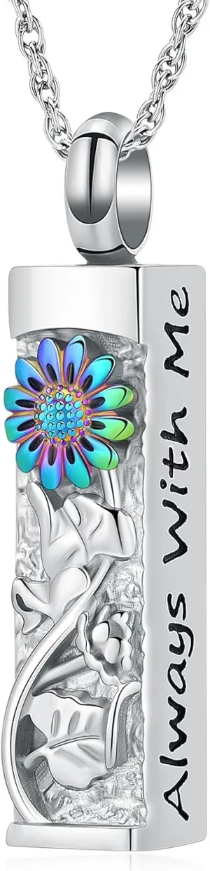 shajwo Bar Cremation Jewelry Sunflower Urn Necklaces for Ashes for Women Men Memorial Human Ashes Pendant