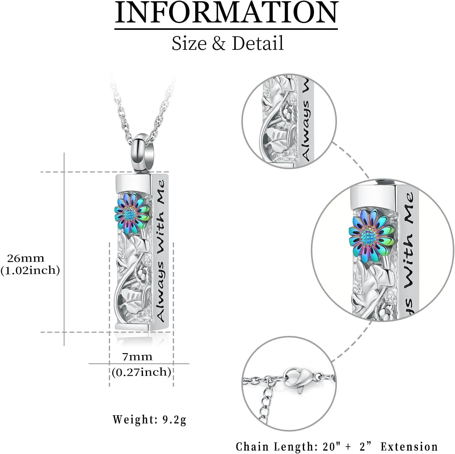 shajwo Bar Cremation Jewelry Sunflower Urn Necklaces for Ashes for Women Men Memorial Human Ashes Pendant