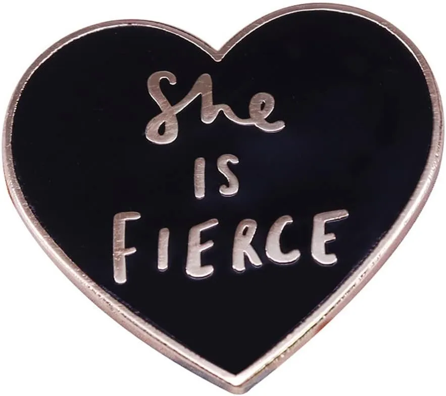 She Is Fierce Brooch Black Heart Enamel Pins Shakespeare Quotes Backpack Hat Collar Badges Feminist Lapel Pins Jewelry Accessories Gifts
