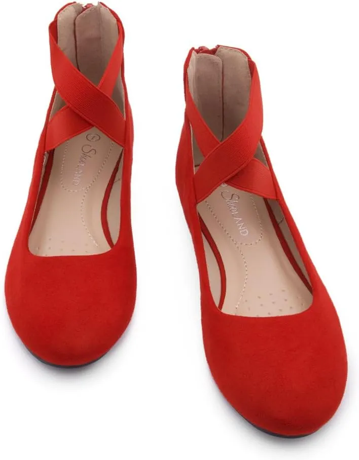 Shoe Land Women's Flats  Dressy & Casual Almond Toe Flat Shoes with Elastic Ankle Strap, Comfortable Slip-On Ballet Flats for Work, Office & Special Occasions