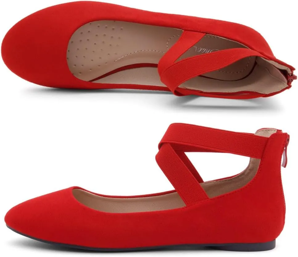 Shoe Land Women's Flats  Dressy & Casual Almond Toe Flat Shoes with Elastic Ankle Strap, Comfortable Slip-On Ballet Flats for Work, Office & Special Occasions