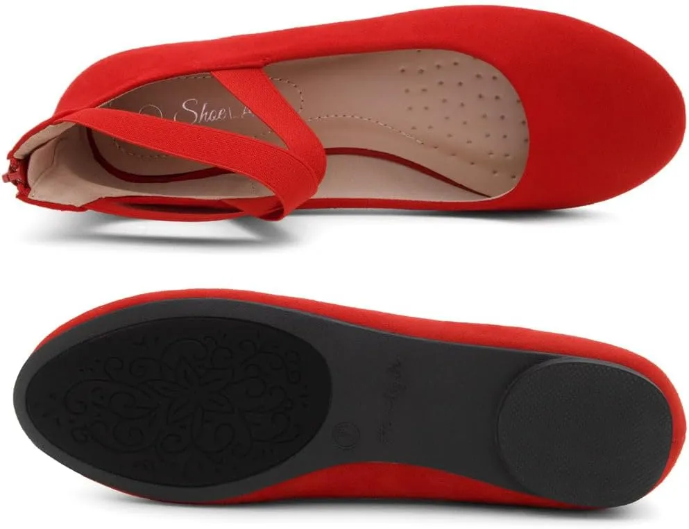 Shoe Land Women's Flats  Dressy & Casual Almond Toe Flat Shoes with Elastic Ankle Strap, Comfortable Slip-On Ballet Flats for Work, Office & Special Occasions