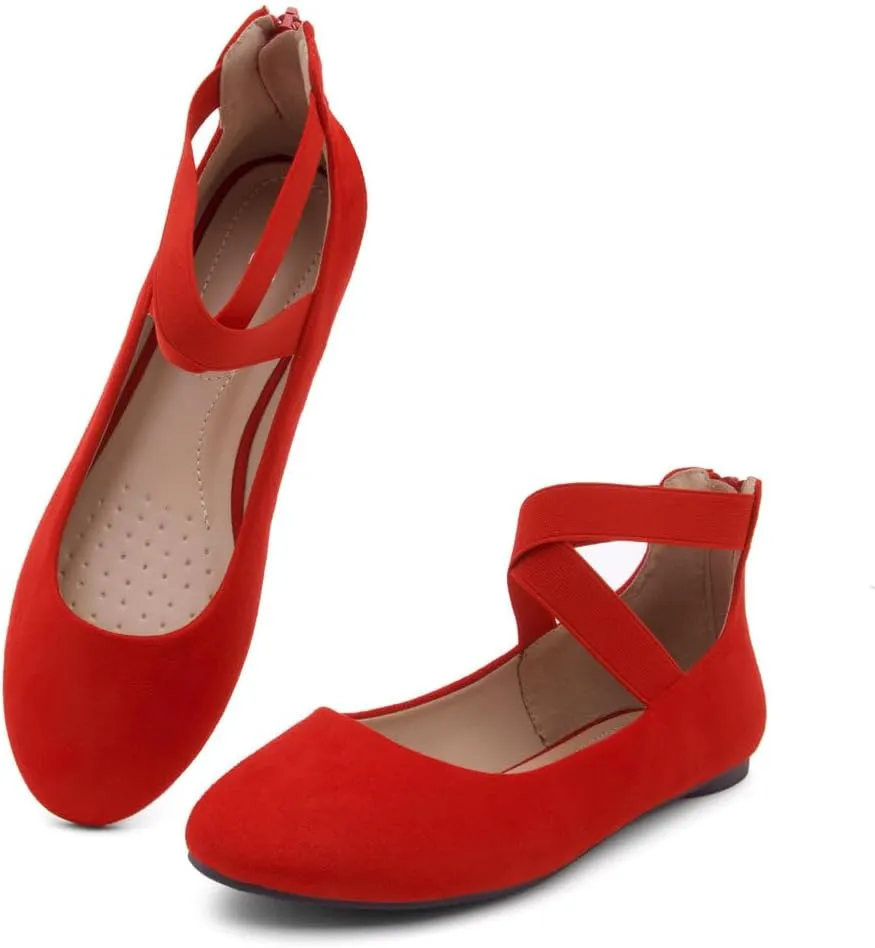 Shoe Land Women's Flats  Dressy & Casual Almond Toe Flat Shoes with Elastic Ankle Strap, Comfortable Slip-On Ballet Flats for Work, Office & Special Occasions