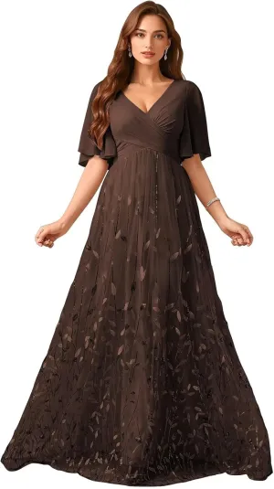 Short Sleeves Mother of The Bride Dresses for Wedding Long Chiffon V Neck Leaf Formal Evening Gowns