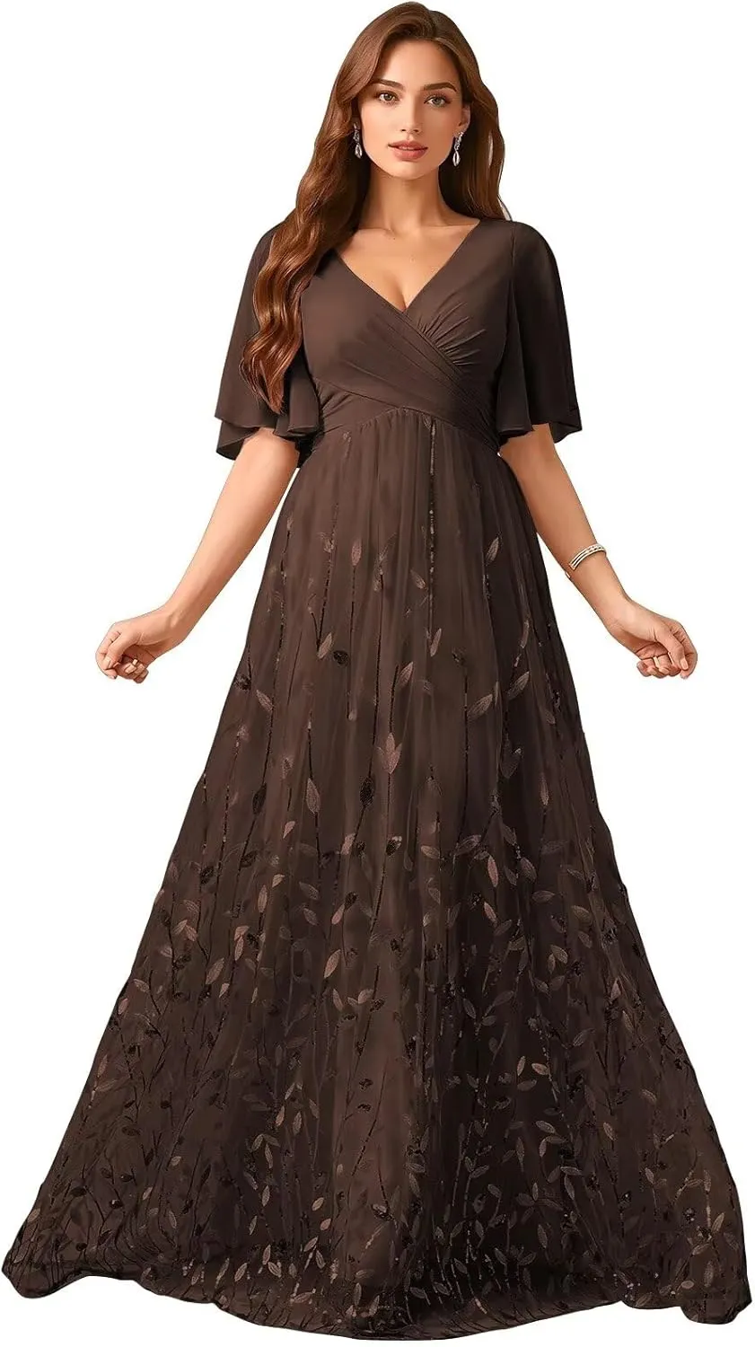 Short Sleeves Mother of The Bride Dresses for Wedding Long Chiffon V Neck Leaf Formal Evening Gowns