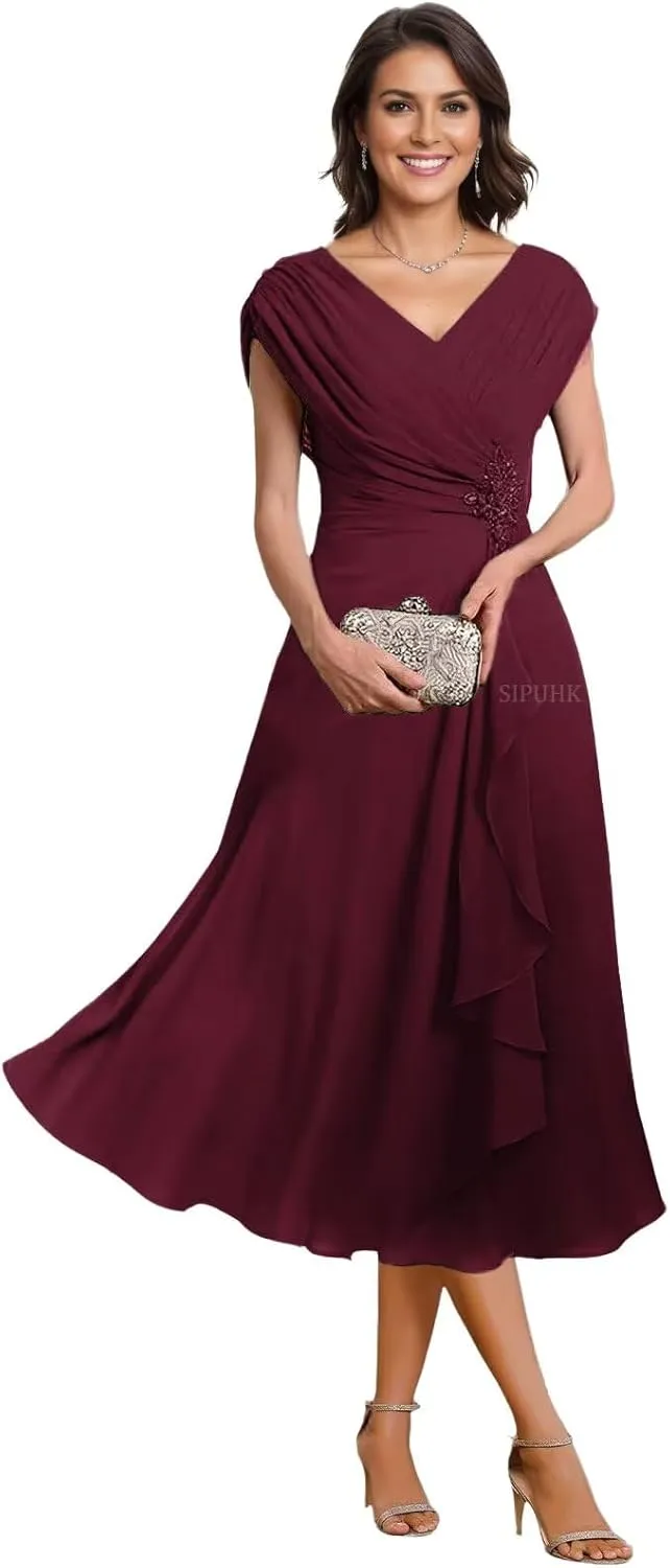 SIPUHK Classy Mother of The Bride Dresses for Wedding Tea Length Pleated Chiffon Beaded Cap Sleeve Formal Dress for Women