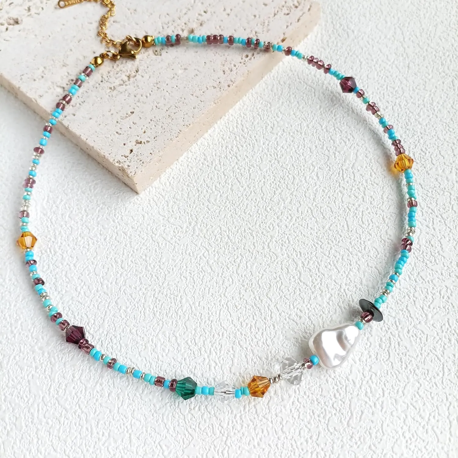 S.J JEWELRY Beaded Necklaces for Women Colorful Seed Bead Necklace Boho Necklaces for Women Beach Necklaces Summer Necklace Choker for Women Stainless Steel 18K Gold Plated