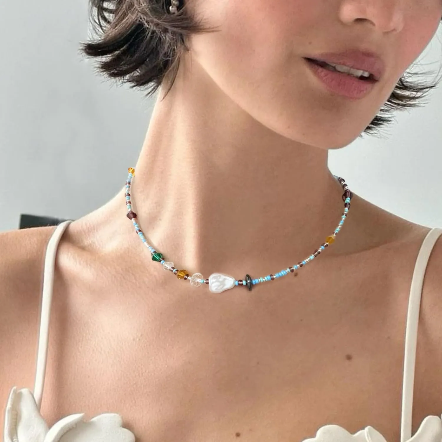 S.J JEWELRY Beaded Necklaces for Women Colorful Seed Bead Necklace Boho Necklaces for Women Beach Necklaces Summer Necklace Choker for Women Stainless Steel 18K Gold Plated