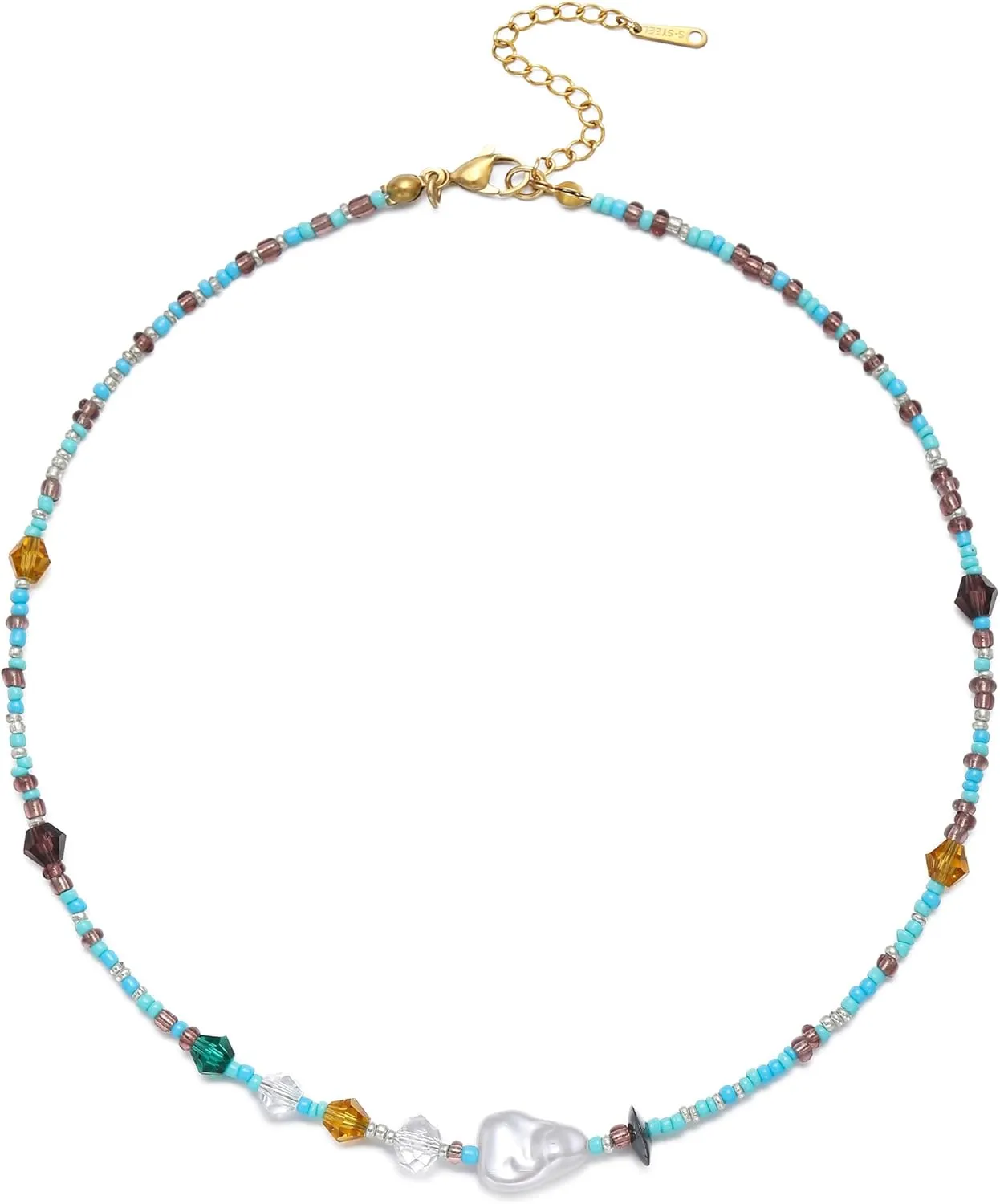 S.J JEWELRY Beaded Necklaces for Women Colorful Seed Bead Necklace Boho Necklaces for Women Beach Necklaces Summer Necklace Choker for Women Stainless Steel 18K Gold Plated