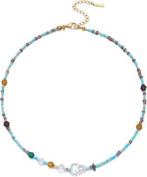 S.J JEWELRY Beaded Necklaces for Women Colorful Seed Bead Necklace Boho Necklaces for Women Beach Necklaces Summer Necklace Choker for Women Stainless Steel 18K Gold Plated