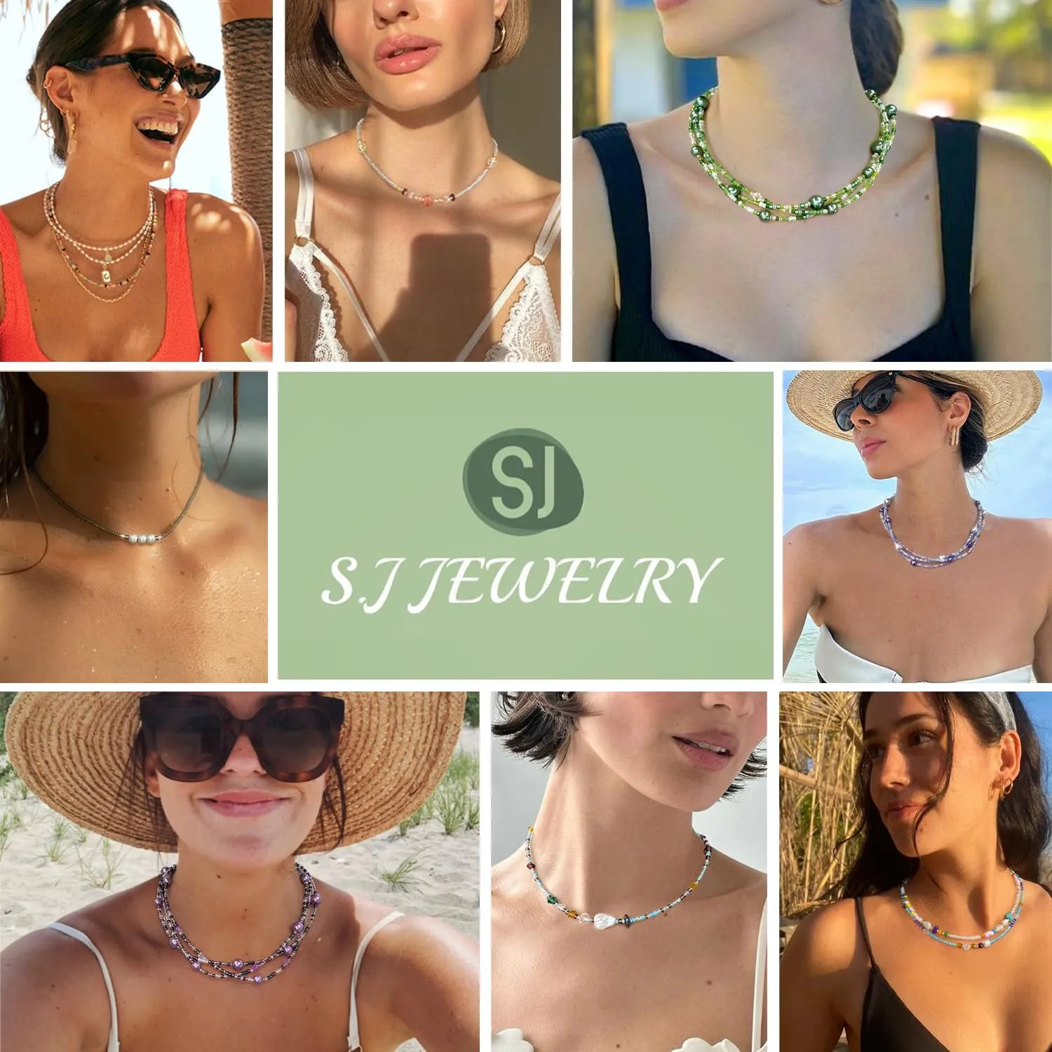 S.J JEWELRY Multi Strand Beaded Necklaces for Women Colorful Beaded Necklace Boho Necklaces for Women Summer Beach Pearl Choker Layered Necklace