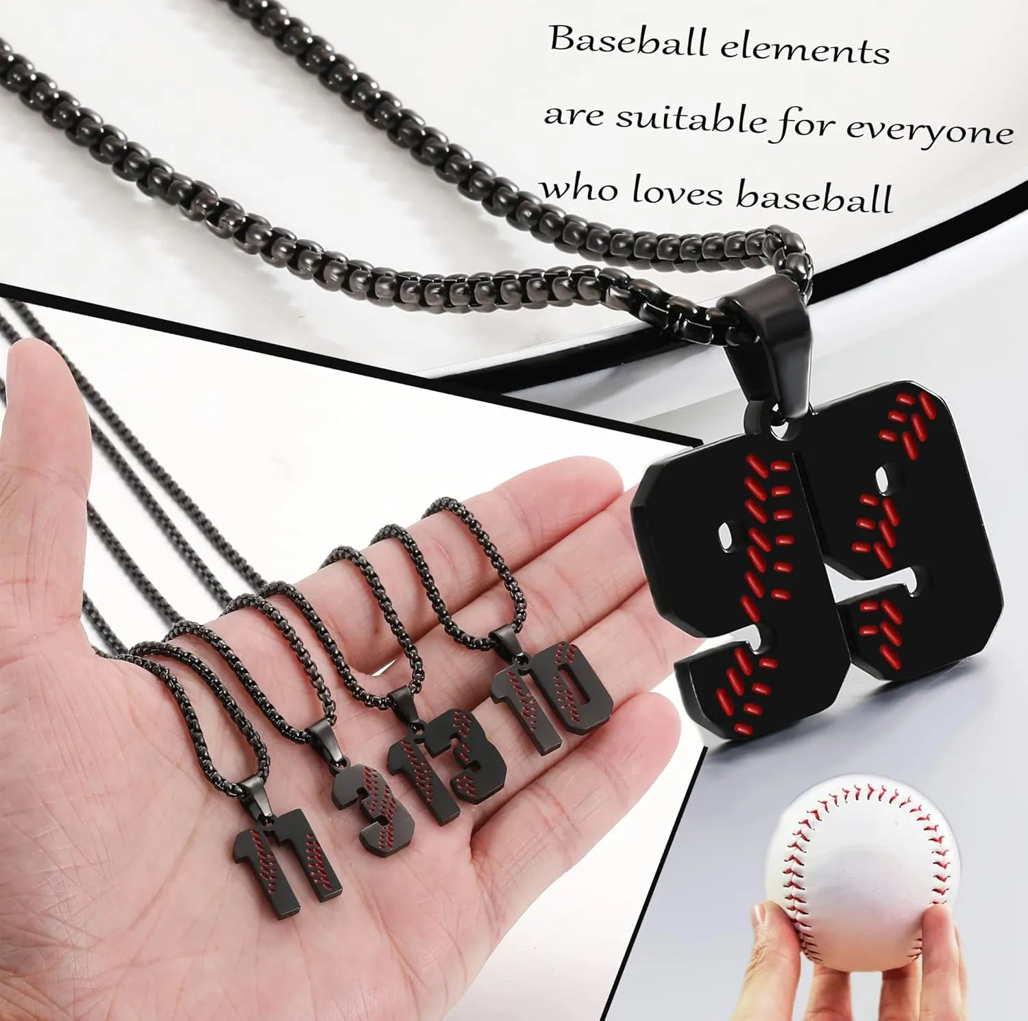 SKQIR Baseball Jersey Number Pendant for Men & Boys - Stainless Steel Chain for Athletes - Black