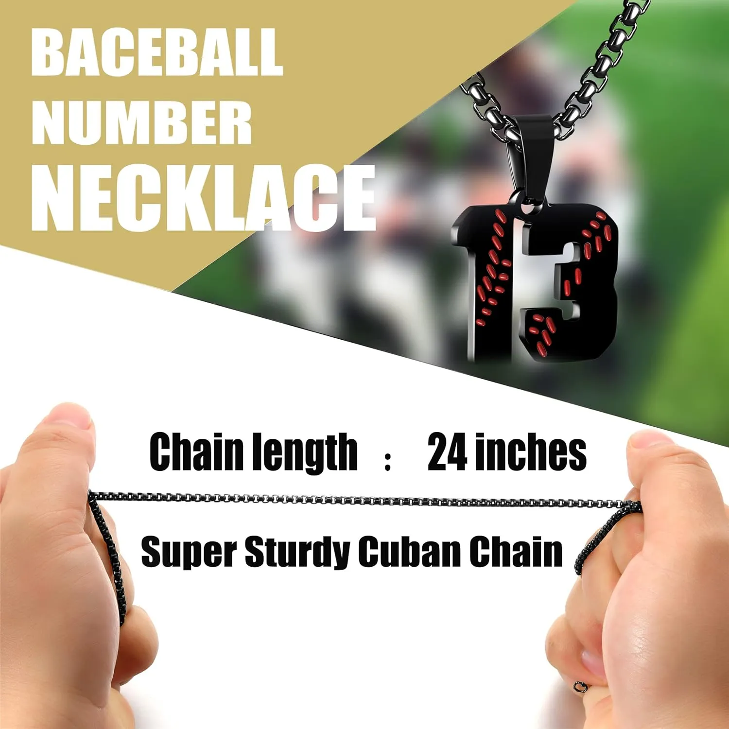 SKQIR Baseball Jersey Number Pendant for Men & Boys - Stainless Steel Chain for Athletes - Black