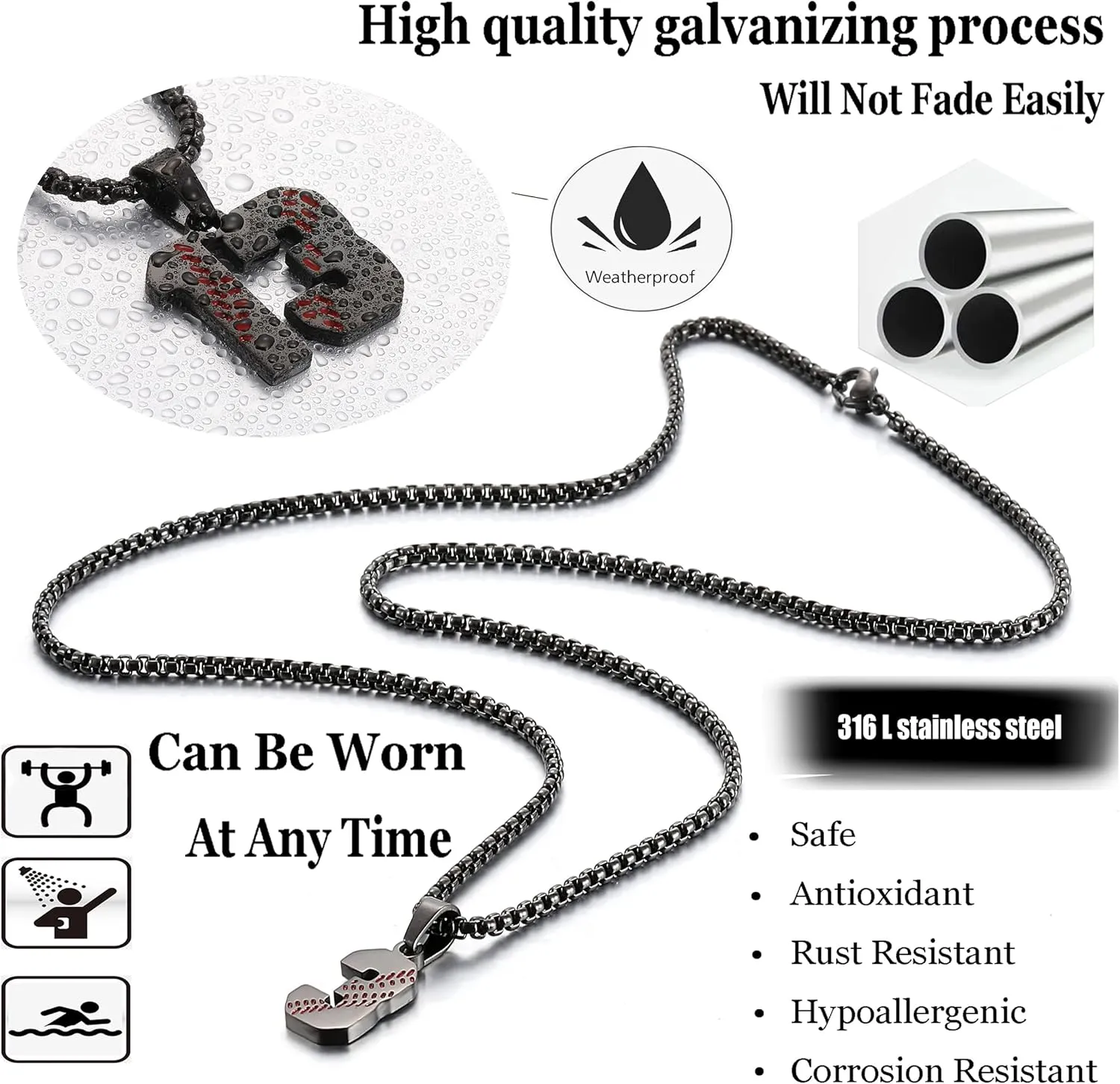 SKQIR Baseball Jersey Number Pendant for Men & Boys - Stainless Steel Chain for Athletes - Black