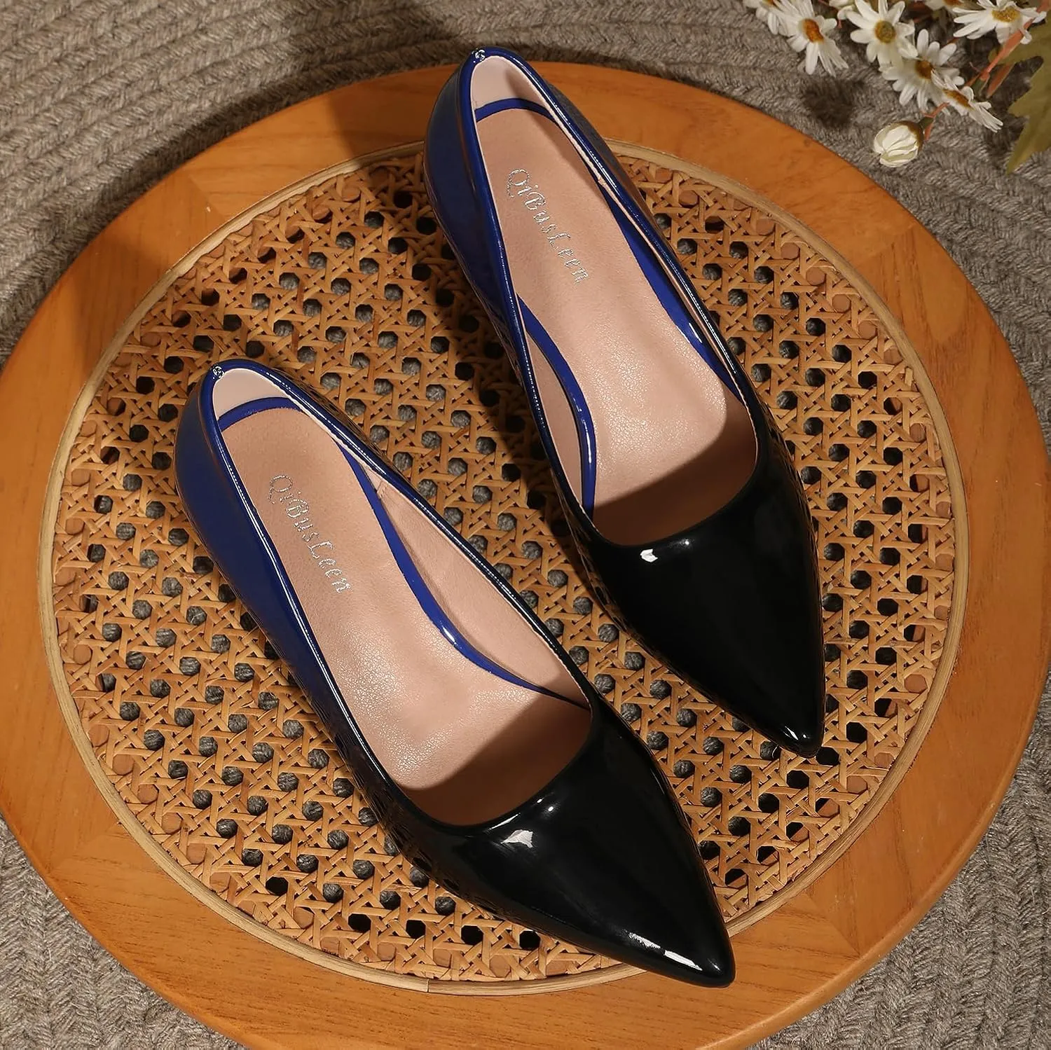 Slip On Low Block Pumps for Women Patent Leather Comfortable 2.36 Inch Women's Closed Pointy Toe Chunky Heels Two Tone Work Dress Party Pump Shoes