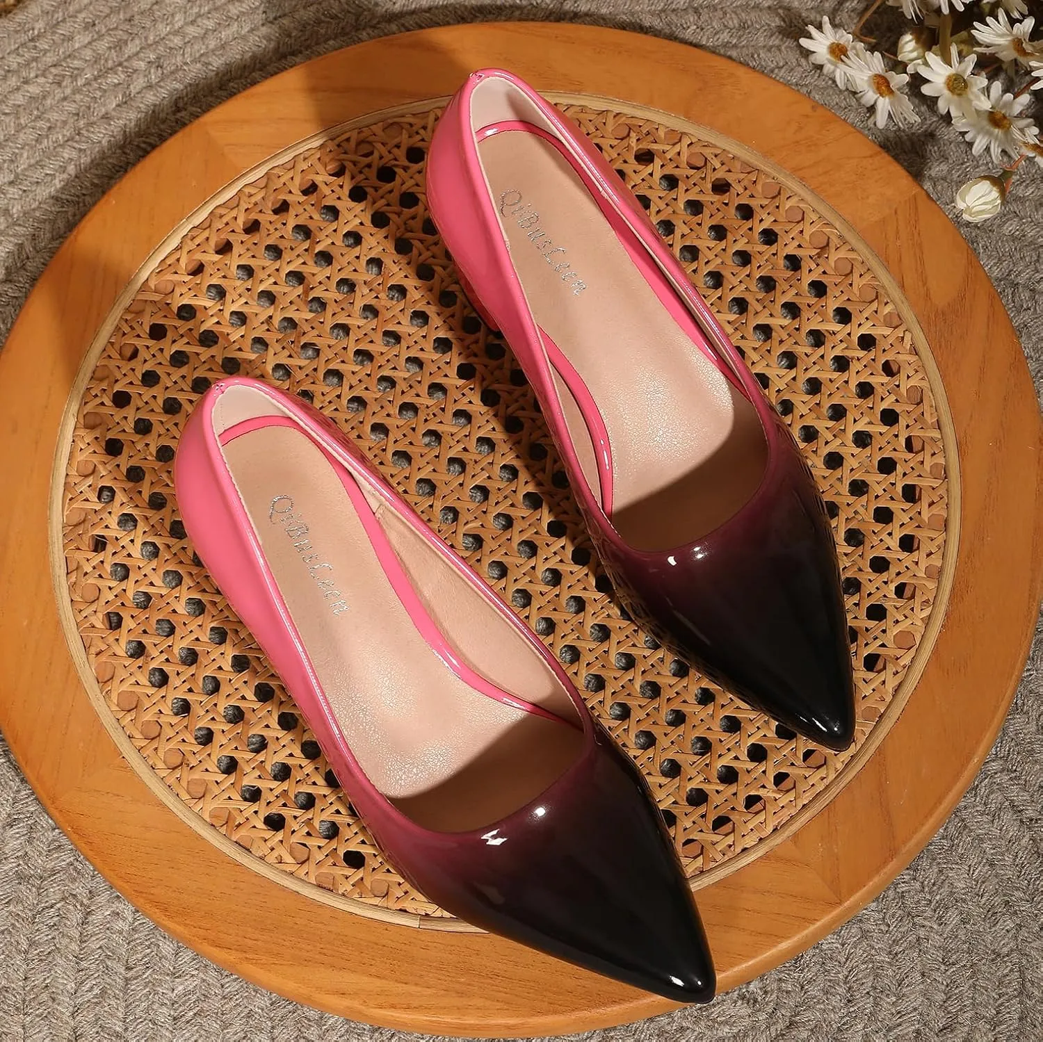 Slip On Low Block Pumps for Women Patent Leather Comfortable 2.36 Inch Women's Closed Pointy Toe Chunky Heels Two Tone Work Dress Party Pump Shoes
