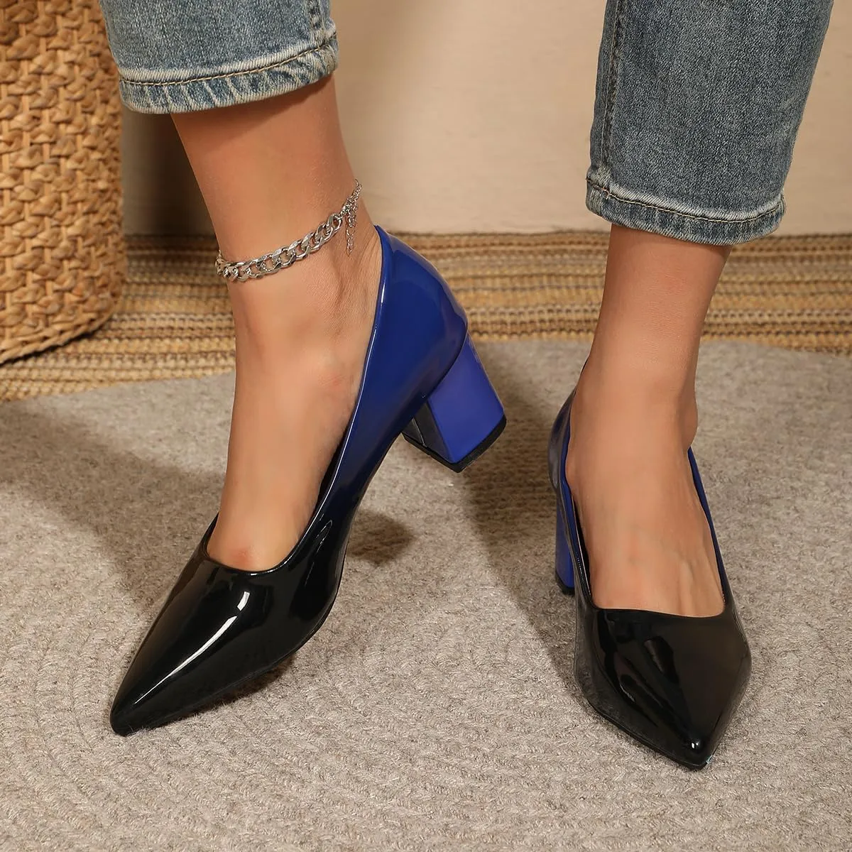 Slip On Low Block Pumps for Women Patent Leather Comfortable 2.36 Inch Women's Closed Pointy Toe Chunky Heels Two Tone Work Dress Party Pump Shoes