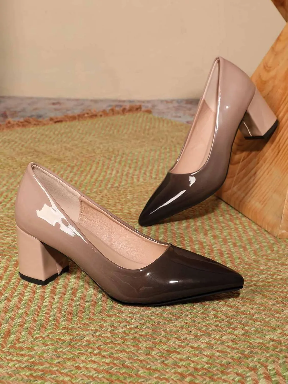 Slip On Low Block Pumps for Women Patent Leather Comfortable 2.36 Inch Women's Closed Pointy Toe Chunky Heels Two Tone Work Dress Party Pump Shoes