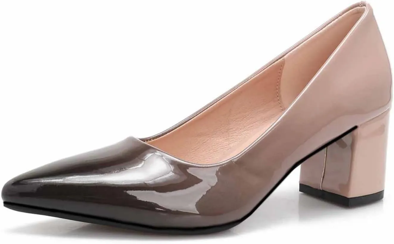 Slip On Low Block Pumps for Women Patent Leather Comfortable 2.36 Inch Women's Closed Pointy Toe Chunky Heels Two Tone Work Dress Party Pump Shoes