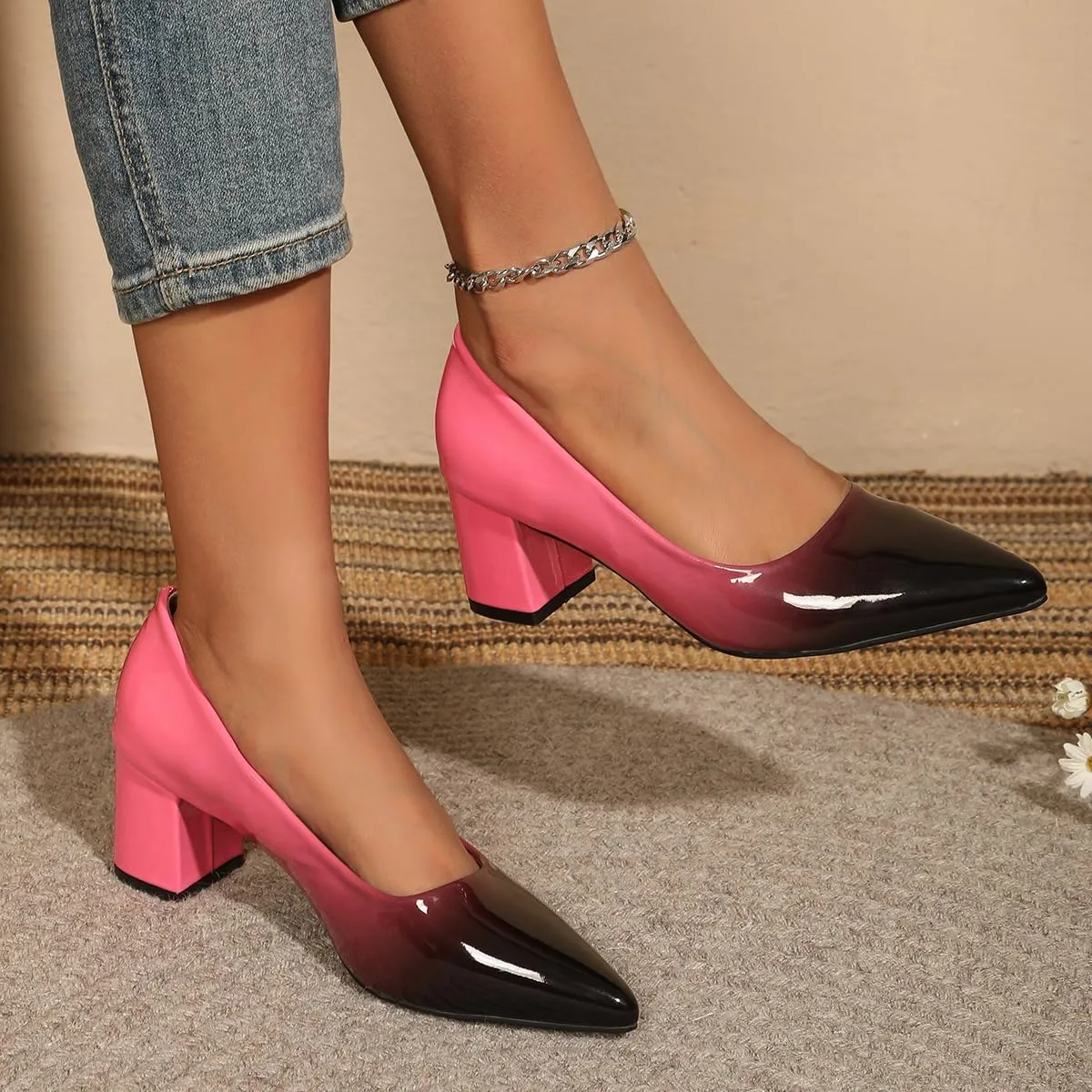 Slip On Low Block Pumps for Women Patent Leather Comfortable 2.36 Inch Women's Closed Pointy Toe Chunky Heels Two Tone Work Dress Party Pump Shoes