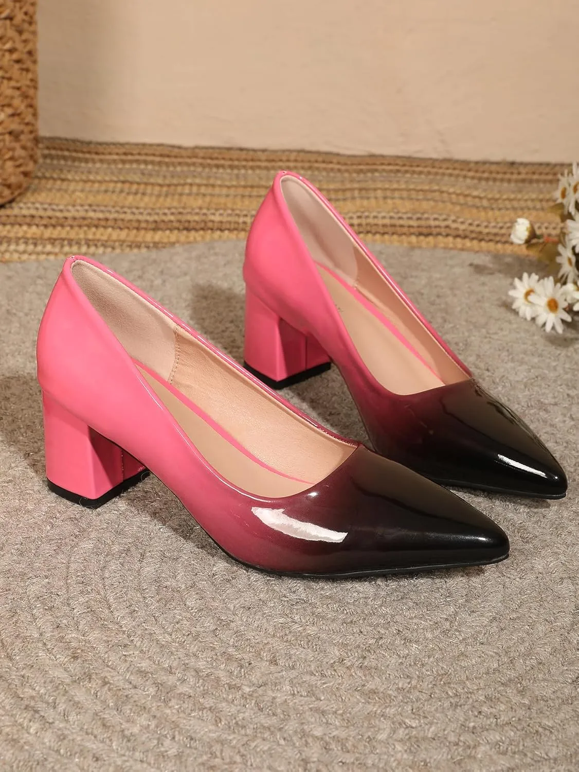 Slip On Low Block Pumps for Women Patent Leather Comfortable 2.36 Inch Women's Closed Pointy Toe Chunky Heels Two Tone Work Dress Party Pump Shoes