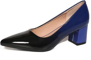 Slip On Low Block Pumps for Women Patent Leather Comfortable 2.36 Inch Women's Closed Pointy Toe Chunky Heels Two Tone Work Dress Party Pump Shoes