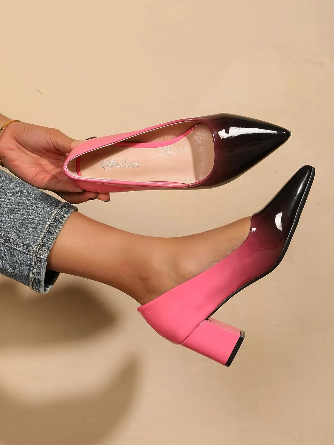 Slip On Low Block Pumps for Women Patent Leather Comfortable 2.36 Inch Women's Closed Pointy Toe Chunky Heels Two Tone Work Dress Party Pump Shoes