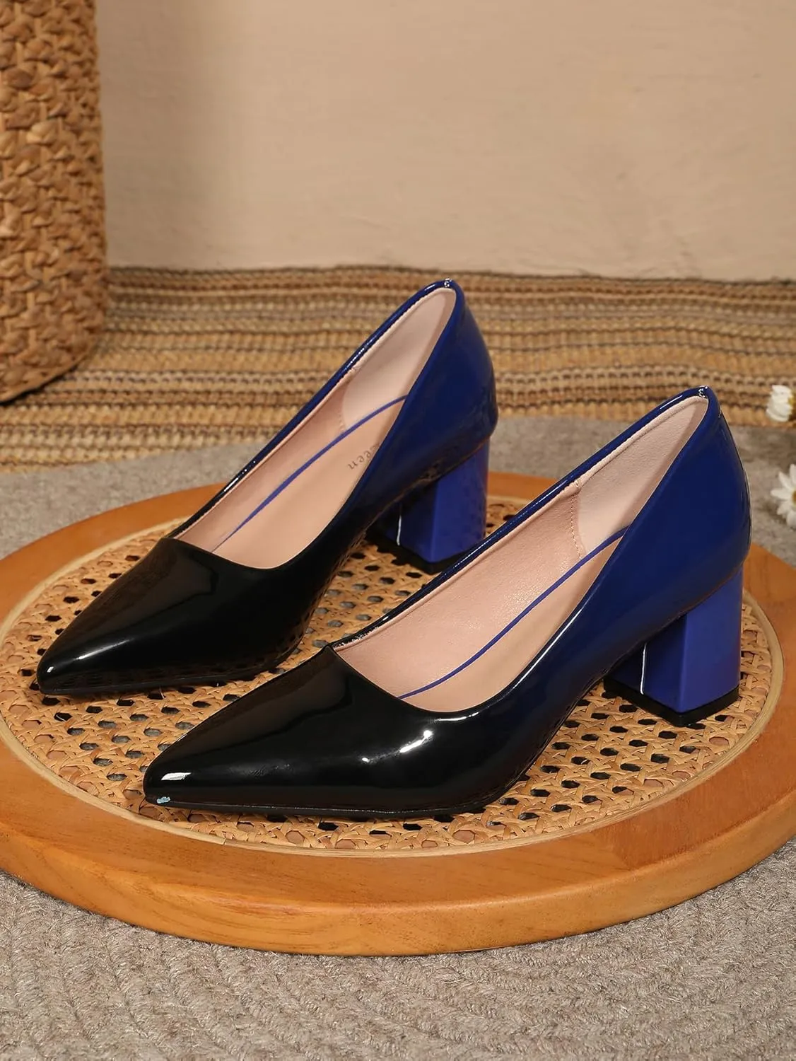 Slip On Low Block Pumps for Women Patent Leather Comfortable 2.36 Inch Women's Closed Pointy Toe Chunky Heels Two Tone Work Dress Party Pump Shoes