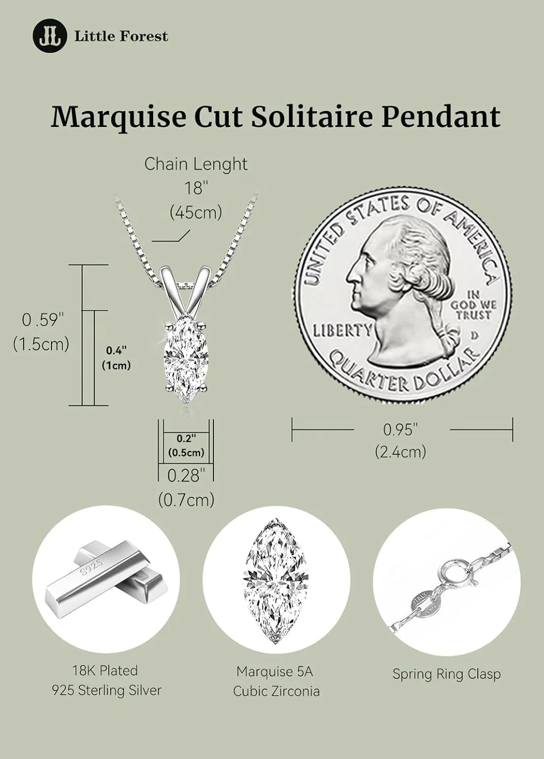 Solitaire Pendant for Women, Emerald/Square Princess/Marquise/Trillion Cut CZ Necklaces, 18K White and Gold-plated 925 Sterling Silver Ideas Gift, Jewelry Box Packed