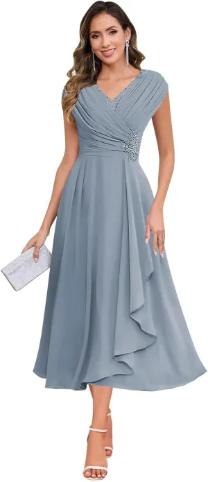 SOLODISH Mother of The Bride Dresses for Wedding Tea Length Chiffon A Line Formal Wedding Guest Party Gown