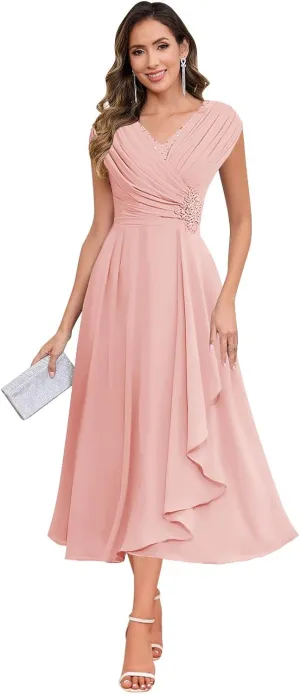 SOLODISH Mother of The Bride Dresses for Wedding Tea Length Chiffon A Line Formal Wedding Guest Party Gown