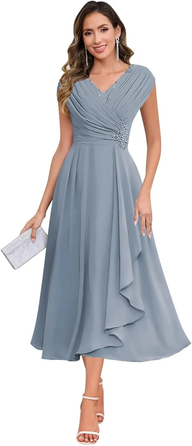 SOLODISH Mother of The Bride Dresses for Wedding Tea Length Chiffon A Line Formal Wedding Guest Party Gown