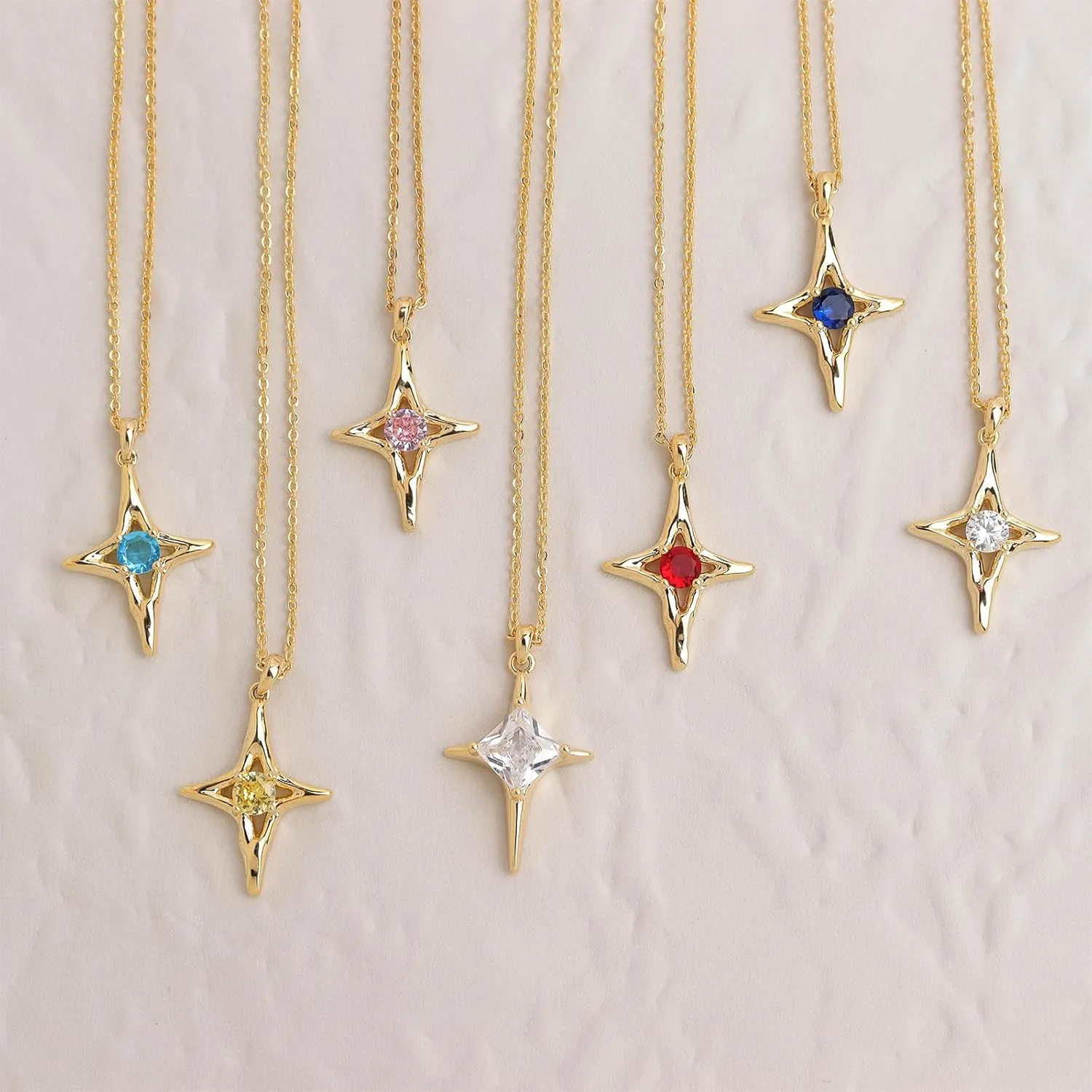 Sonateomber Simple Gold Star Pendant Necklaces for Women Sparkly Rhinestone Birthstone Lucky Four-point Stars Dangle Necklaces Prom Fashion Birthday Jewelry Gift
