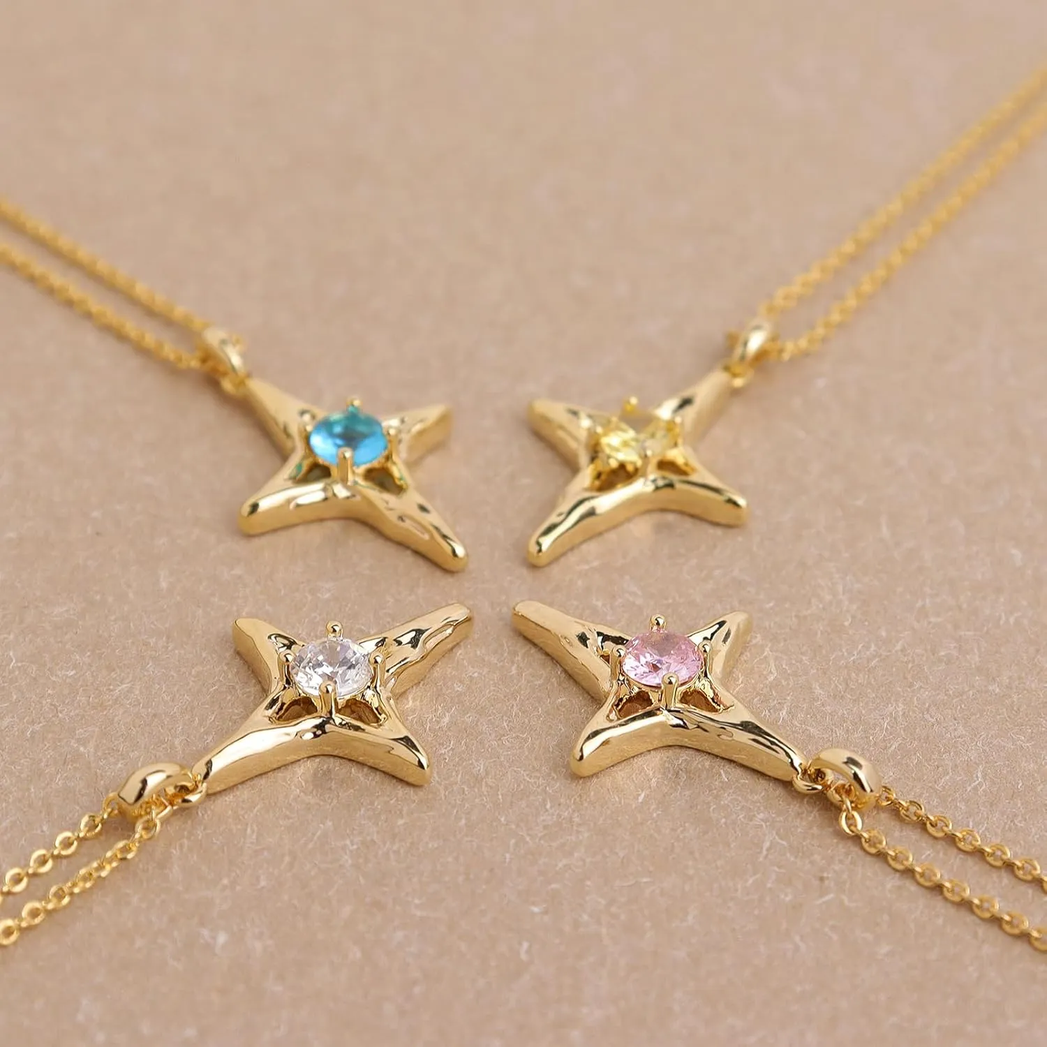 Sonateomber Simple Gold Star Pendant Necklaces for Women Sparkly Rhinestone Birthstone Lucky Four-point Stars Dangle Necklaces Prom Fashion Birthday Jewelry Gift