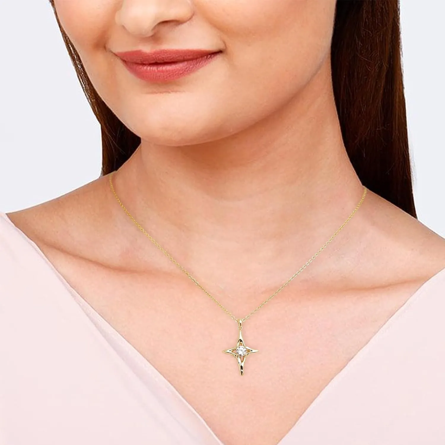 Sonateomber Simple Gold Star Pendant Necklaces for Women Sparkly Rhinestone Birthstone Lucky Four-point Stars Dangle Necklaces Prom Fashion Birthday Jewelry Gift
