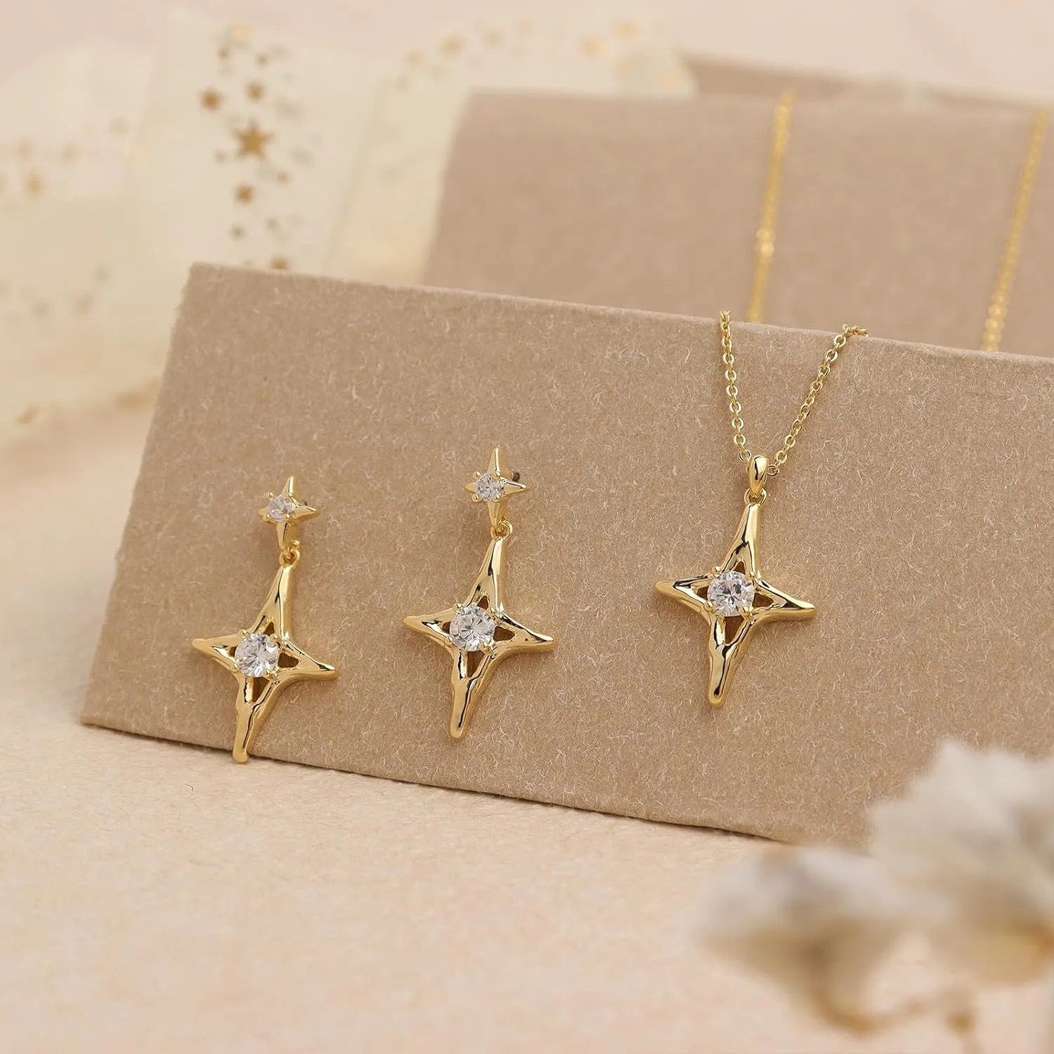 Sonateomber Simple Gold Star Pendant Necklaces for Women Sparkly Rhinestone Birthstone Lucky Four-point Stars Dangle Necklaces Prom Fashion Birthday Jewelry Gift