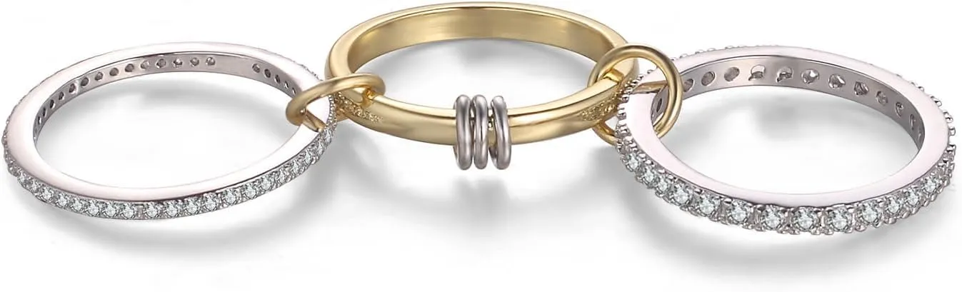 Stackable Rings for Women Gold Non Tarnish, 18k Gold Plated 3 Rings Set with CZ Cubic Zirconia Band, Silver and Gold Rings Set for Women Dainty Bands
